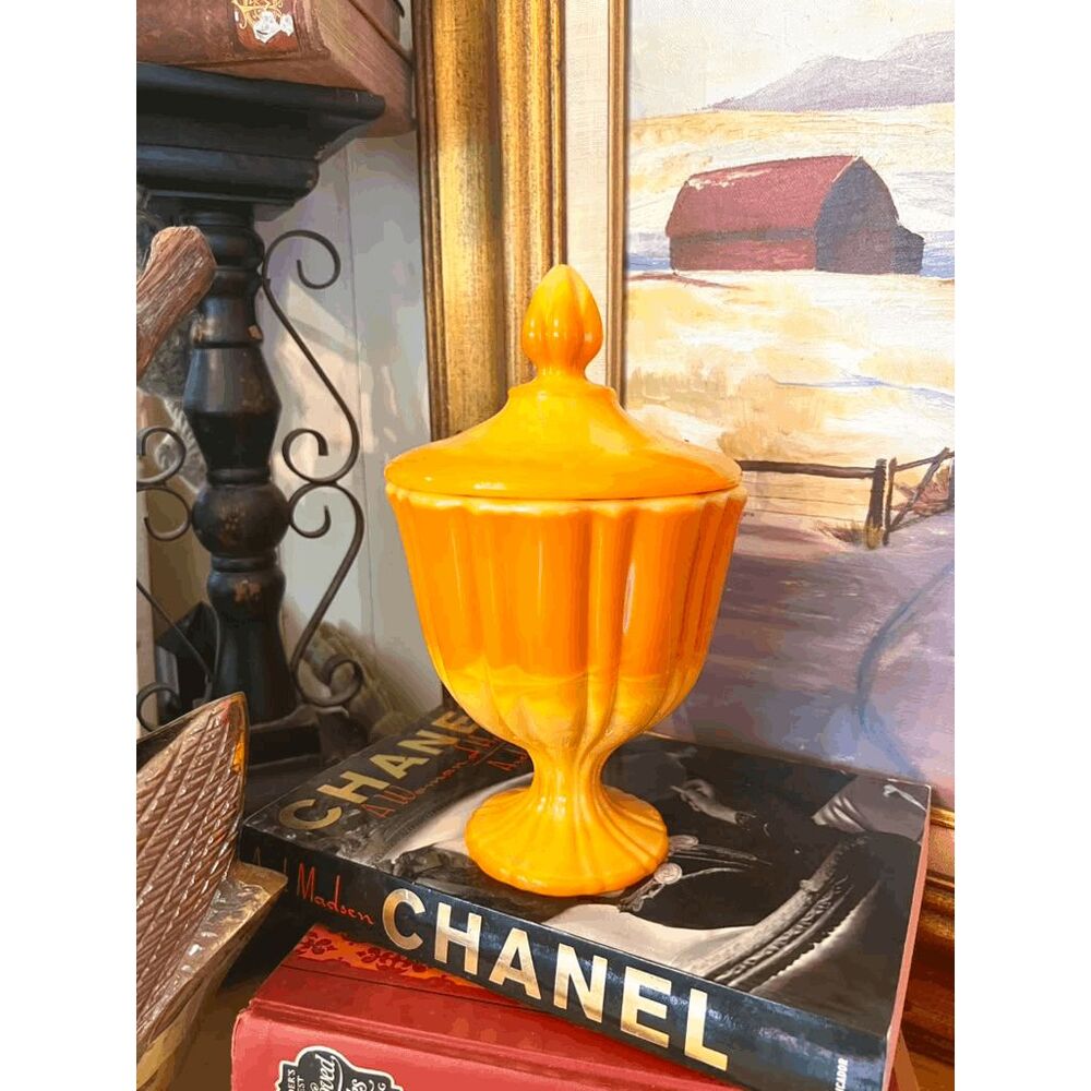 Vintage L.E. Smith Bittersweet Orange Slag Glass Covered Compote 8"